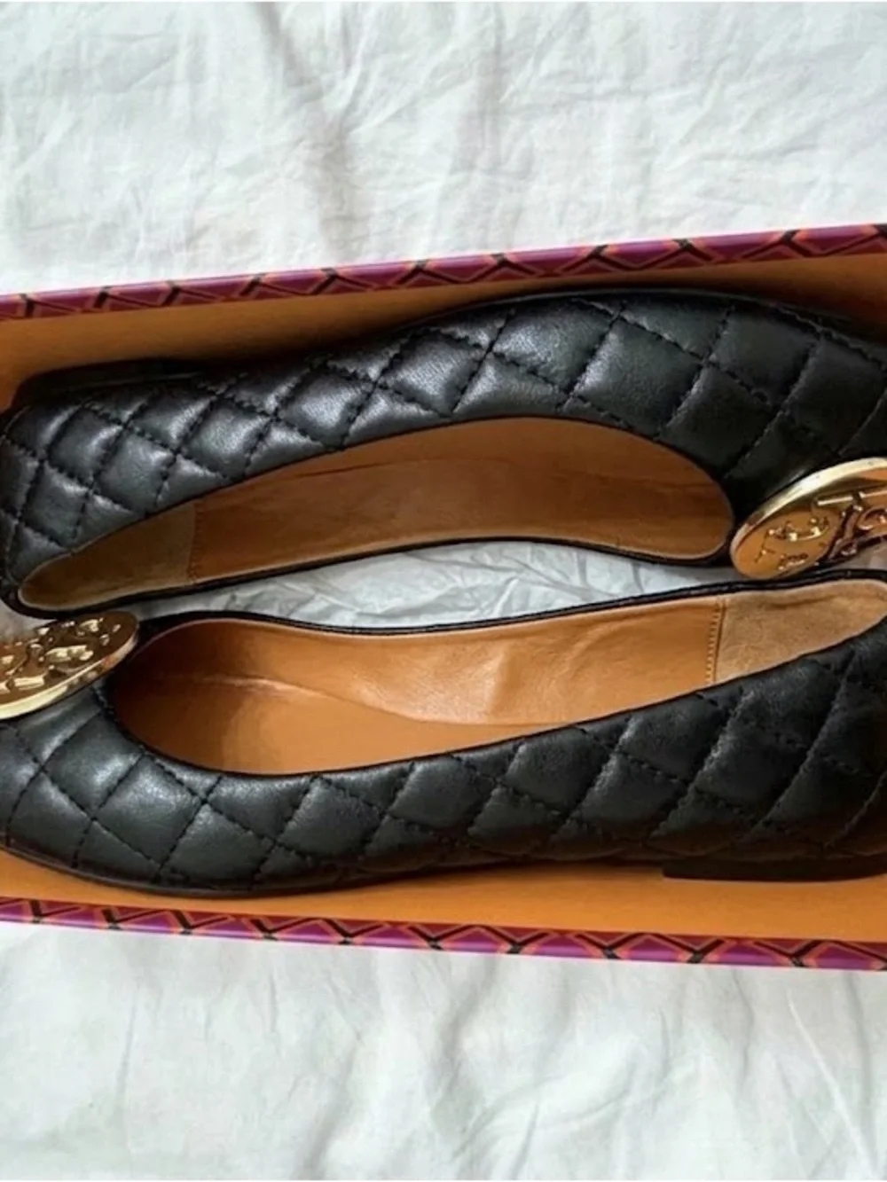 Tory Burch Black Quilted Leather Minnie Travel Ballet Flats with Logo